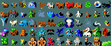 Monster sprites from the NetHack 3.4.3-style 16×16 tileset used by DynaHack