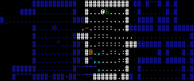 A Forays map in the game's own font: the @ fighting a darkness dweller, a carnivorous bramble by the water