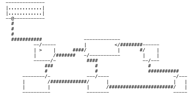 A Grog map in the game's own black-on-white console text: rooms, doors and tunnels of the first level, the @ at a door