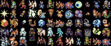 Monster sprites from the DawnLike 16×16 tileset used by Hack