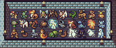 DawnLike monster sprites in a torch-lit MAG room