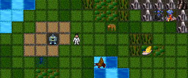 An away team in a space suit beside its landed ship on a grassy planet, with alien critters, forests and a volcano