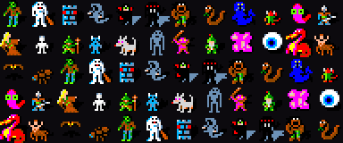 Monster sprites from the NetHack 16×16 tileset used by Rogue 3.6