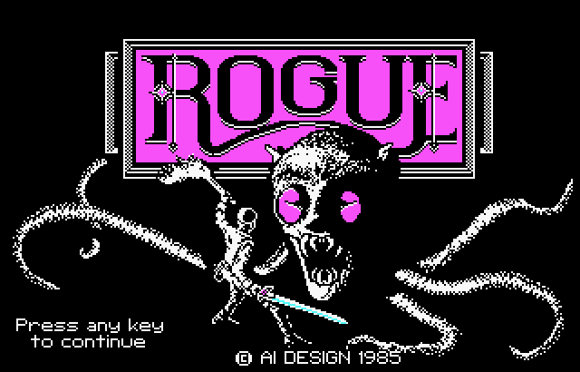 The title screen of the original Epyx IBM PC Rogue: the logo over a horned monster and a knight with a sword