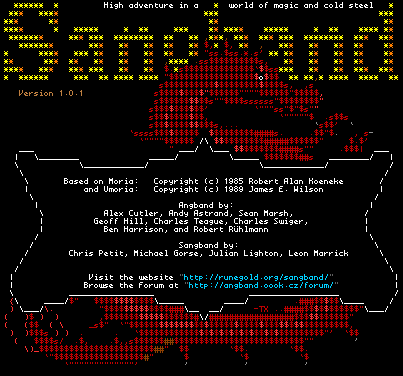 Sangband's title screen: the logo over a red dragon and the credits, in ASCII art