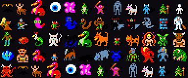 Monster sprites from the NetHack 16×16 tileset used by Super-Rogue