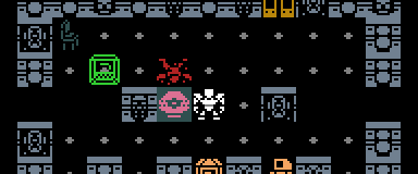 A TraumaRL room in the game's own tiles: the white player beside a red monster and a pink camera, a terminal in the grey station walls