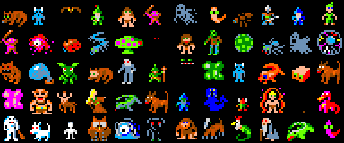 Monster sprites from the NetHack 16×16 tileset used by XRogue