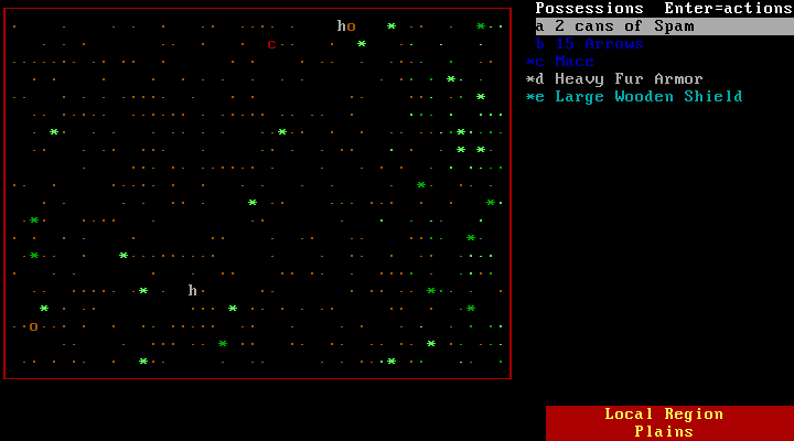 The inventory: Spam, arrows, mace, fur armour, wooden shield