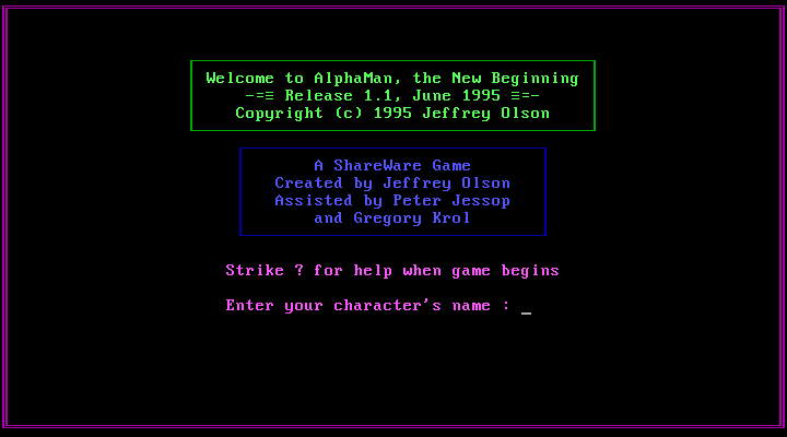 AlphaMan title screen: Welcome to AlphaMan, the New Beginning