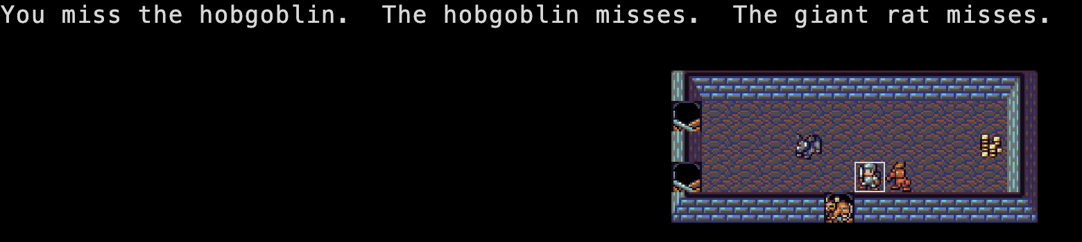 The message line reads: You miss the hobgoblin. The hobgoblin misses. The giant rat misses.