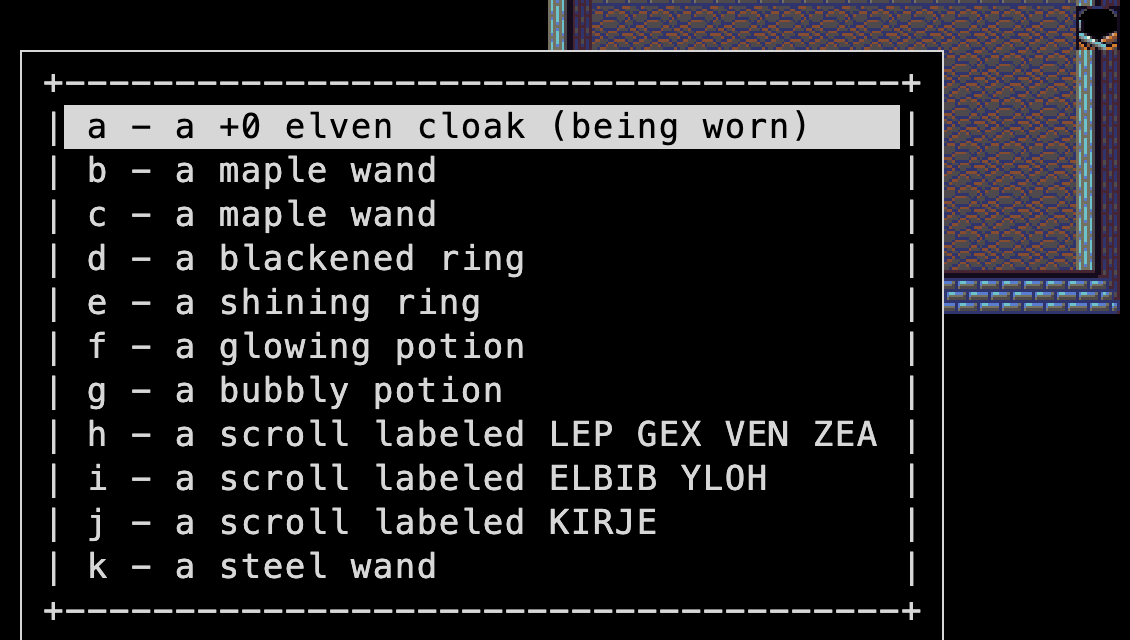 A wizard's inventory: elven cloak, wands, rings, potions, scrolls