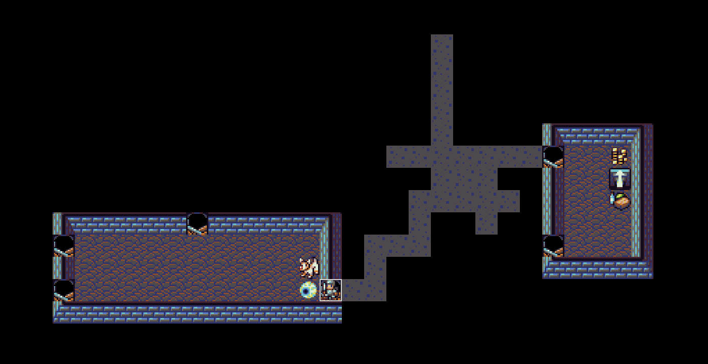 Two rooms joined by a winding corridor