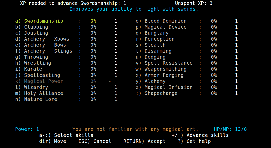 The skills screen: 27 skills from Swordsmanship to Shapechange