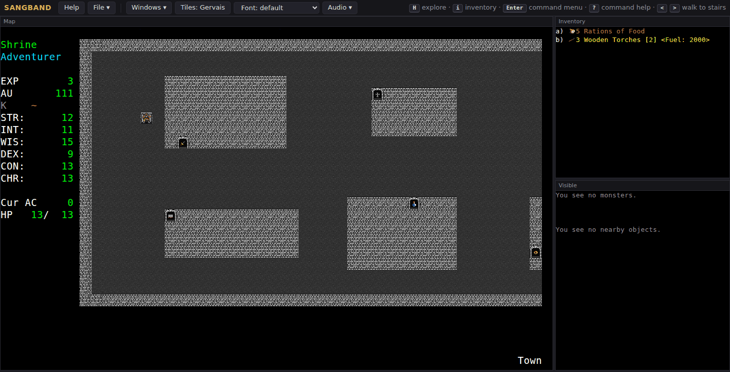 The town with David Gervais tiles, sidebar, inventory and visible-monster windows